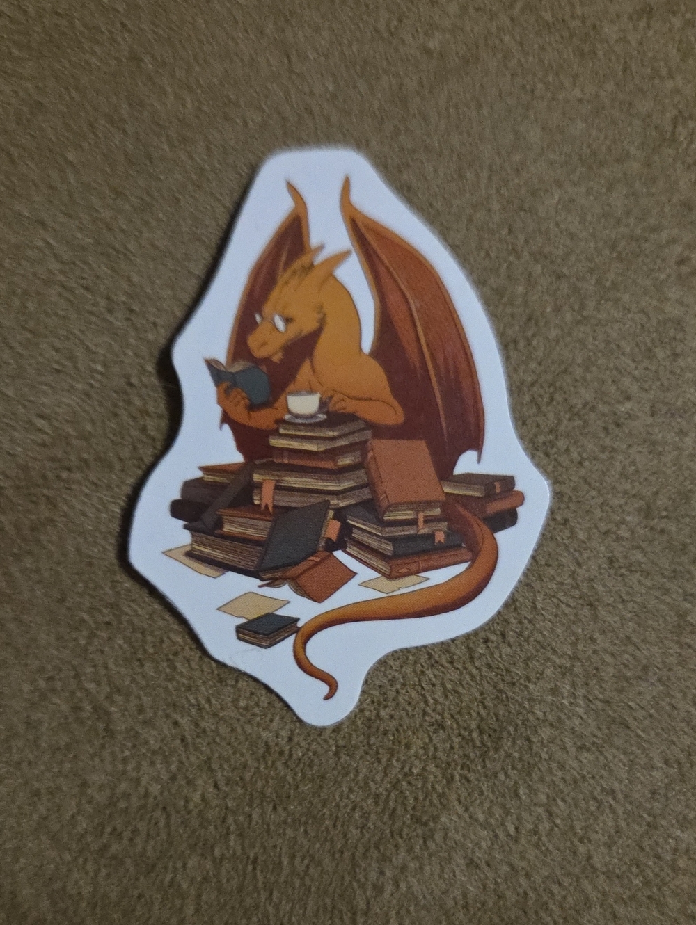Vinyl Sticker - Orange Dragon Reading with a Teacup
